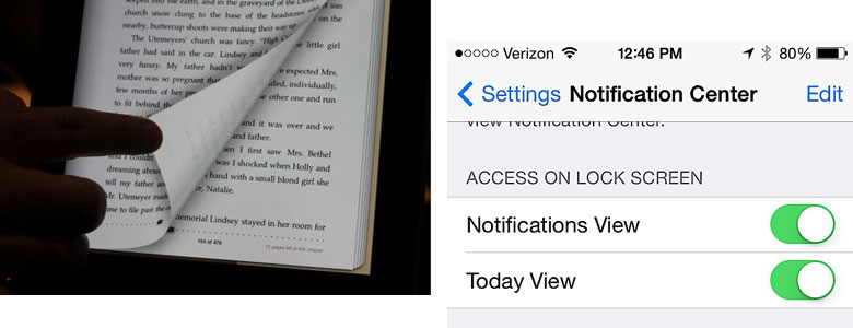 iOS UI iBook swipe and Notification Center toggle switches