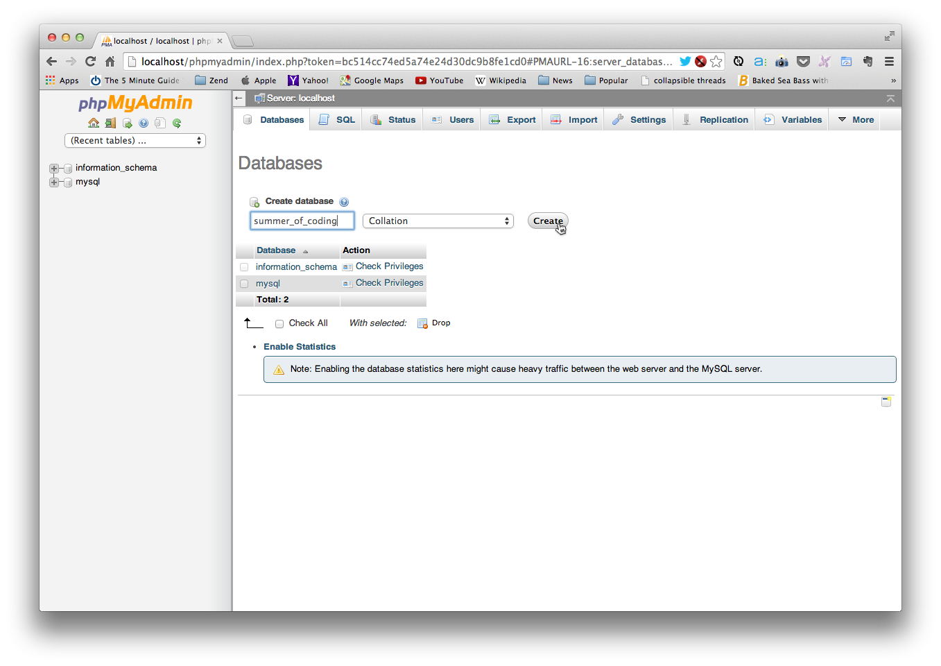 Creating the Simple CodeIgniter App database