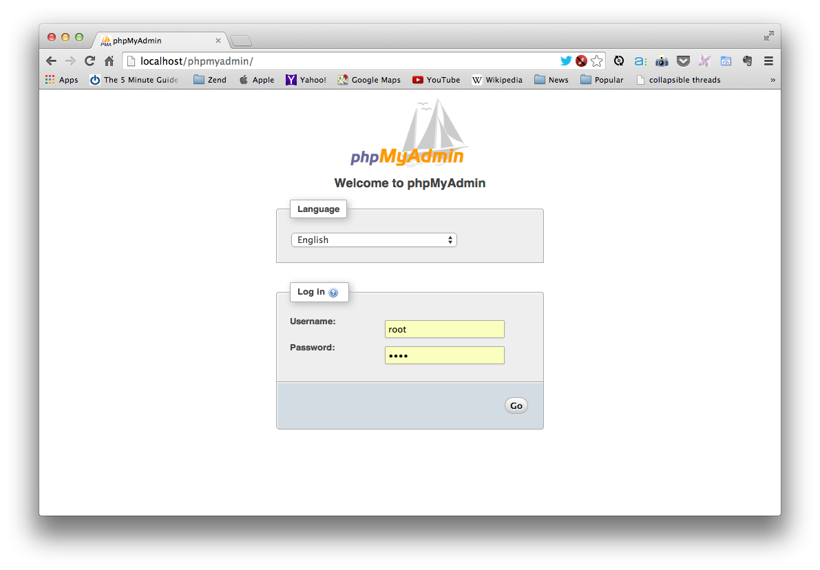 phpMyAdmin login screen