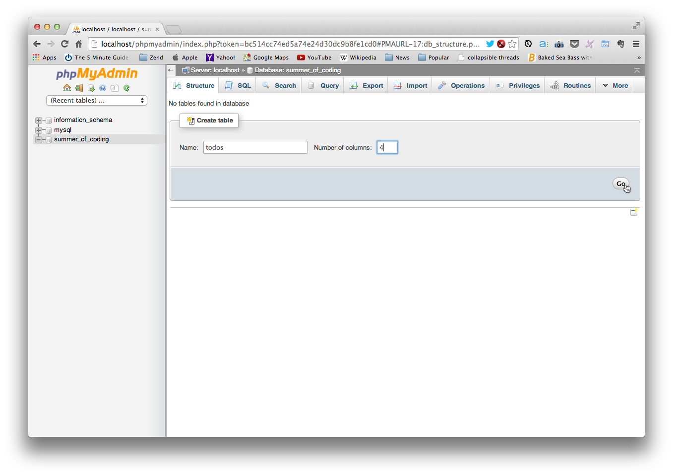 Creating the todos table in the Simple CodeIgniter App database