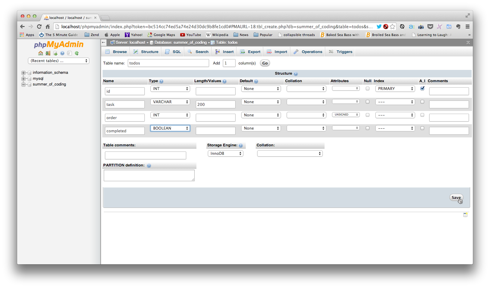 Defining the todos table's columns