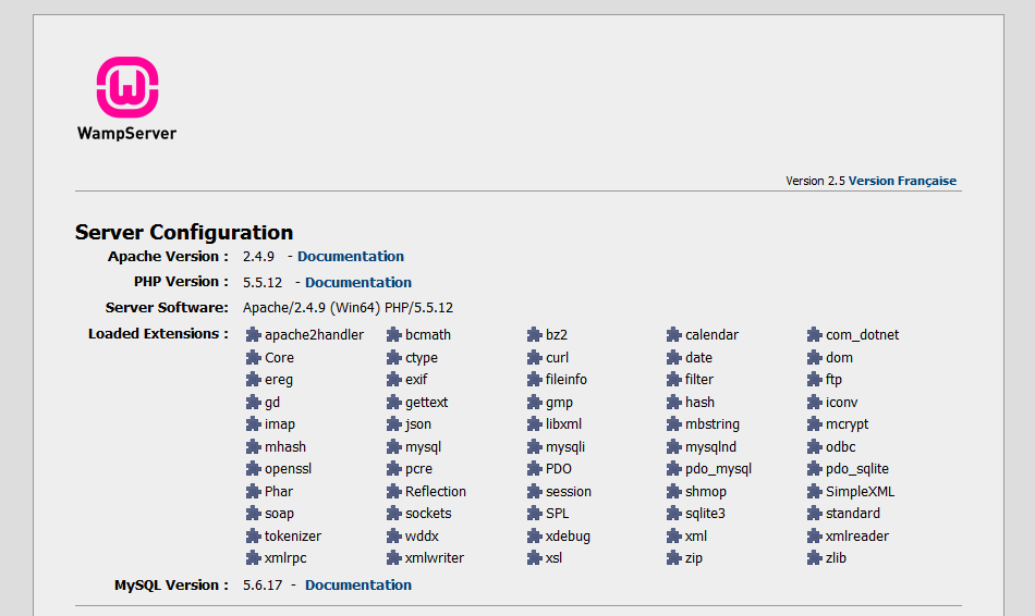 WAMP start page