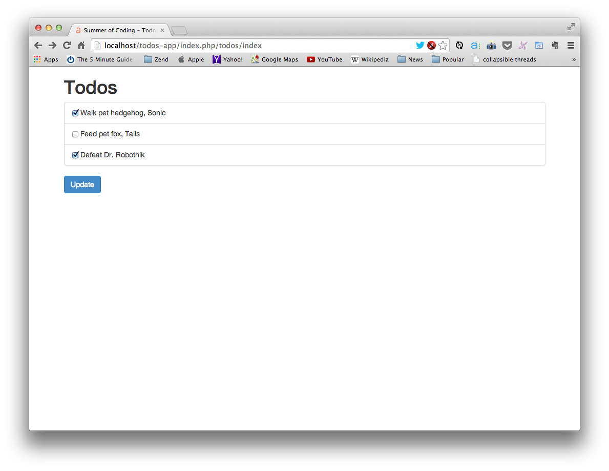 Todos index page with the saved, checked todos