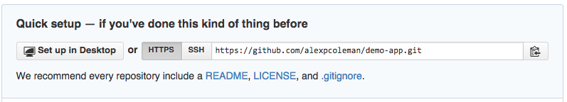 The repository HTTPS URL in GitHub (https://github.com/alexpcoleman/demo-app.git in the repository pictured)