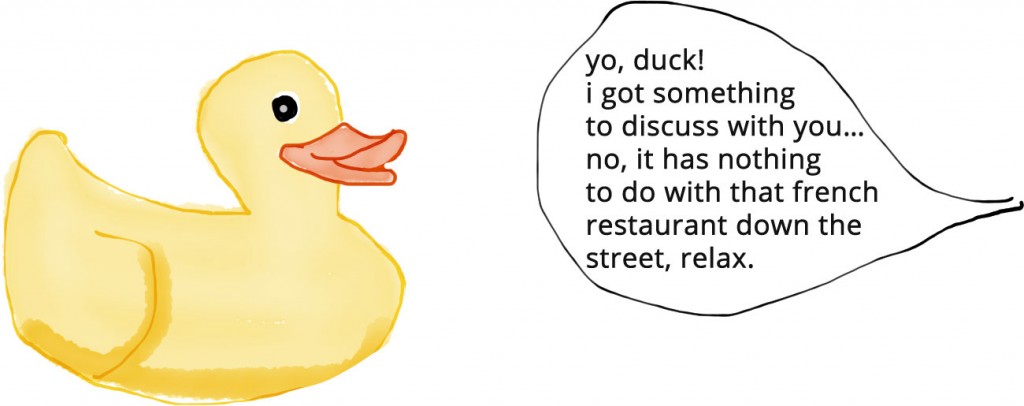 A depiction of rubber duck debugging.